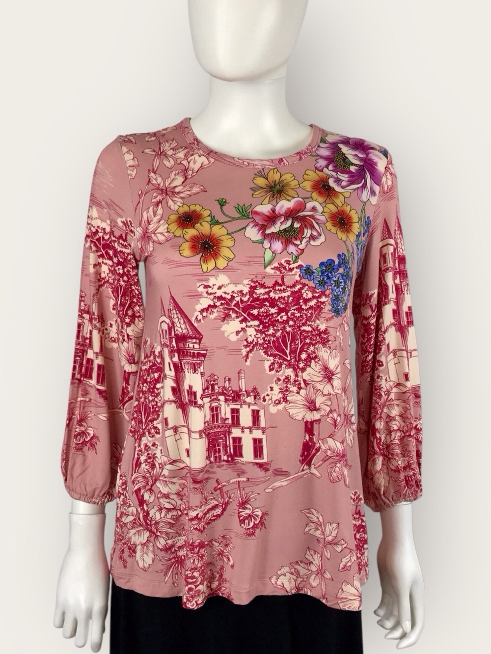 Johnny Was Pink Long Sleeve Floral House on the Hill Swing Cotton Tee